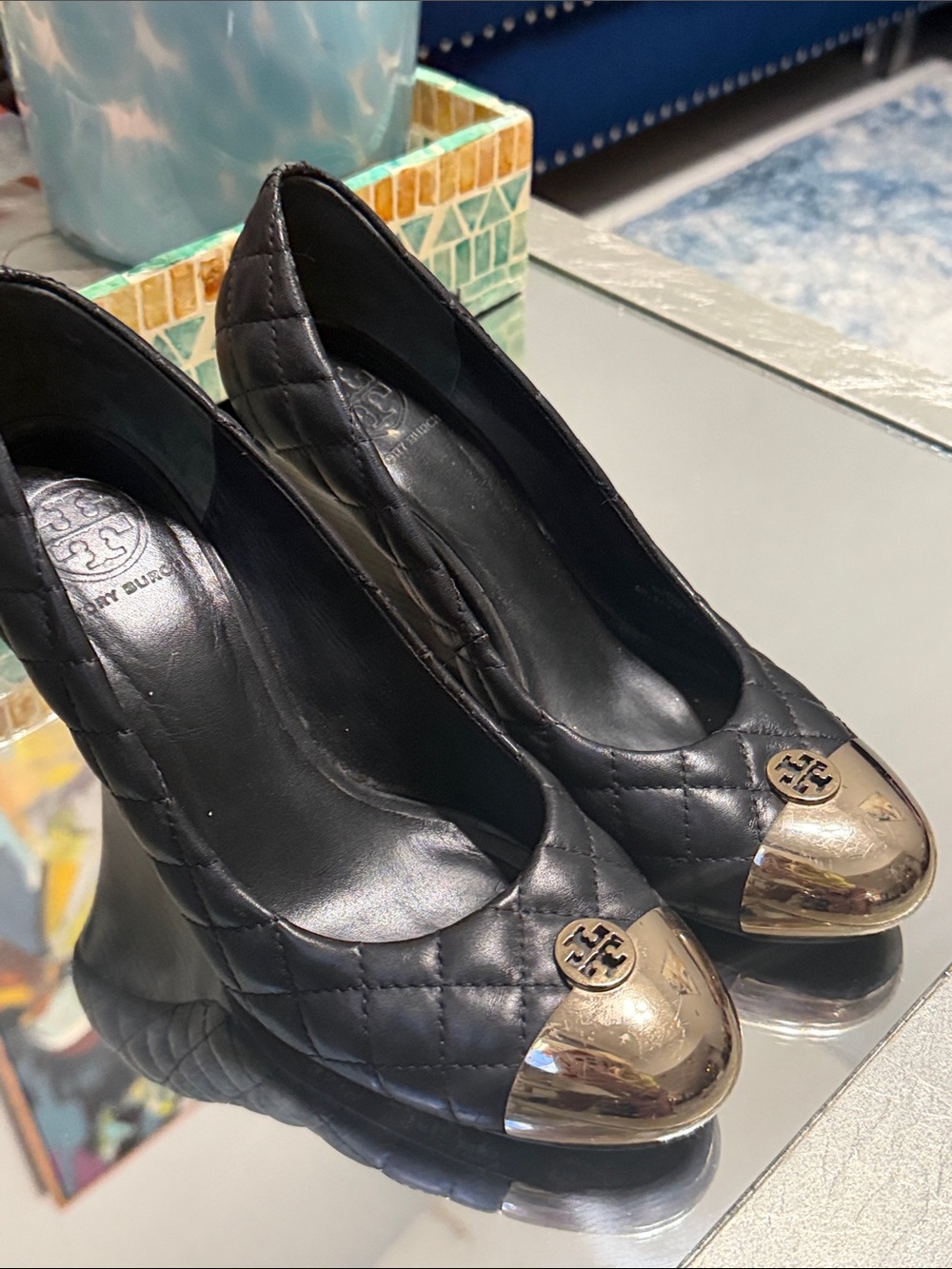 Tory Burch Black Quilted Leather Wedge Pumps with Gold Cap Toe